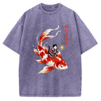 Unisex Cute Kimono Cat On Koi Fish Printed Washed Tee