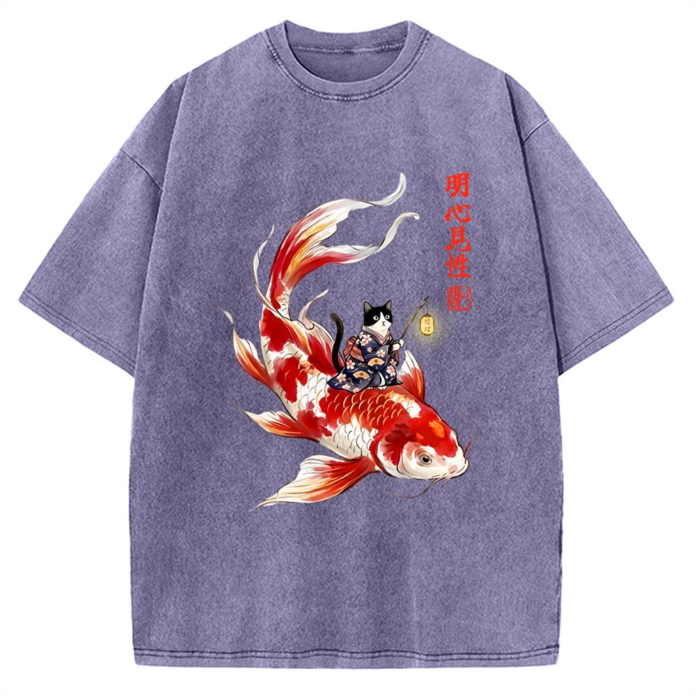 Unisex Cute Kimono Cat On Koi Fish Printed Washed Tee