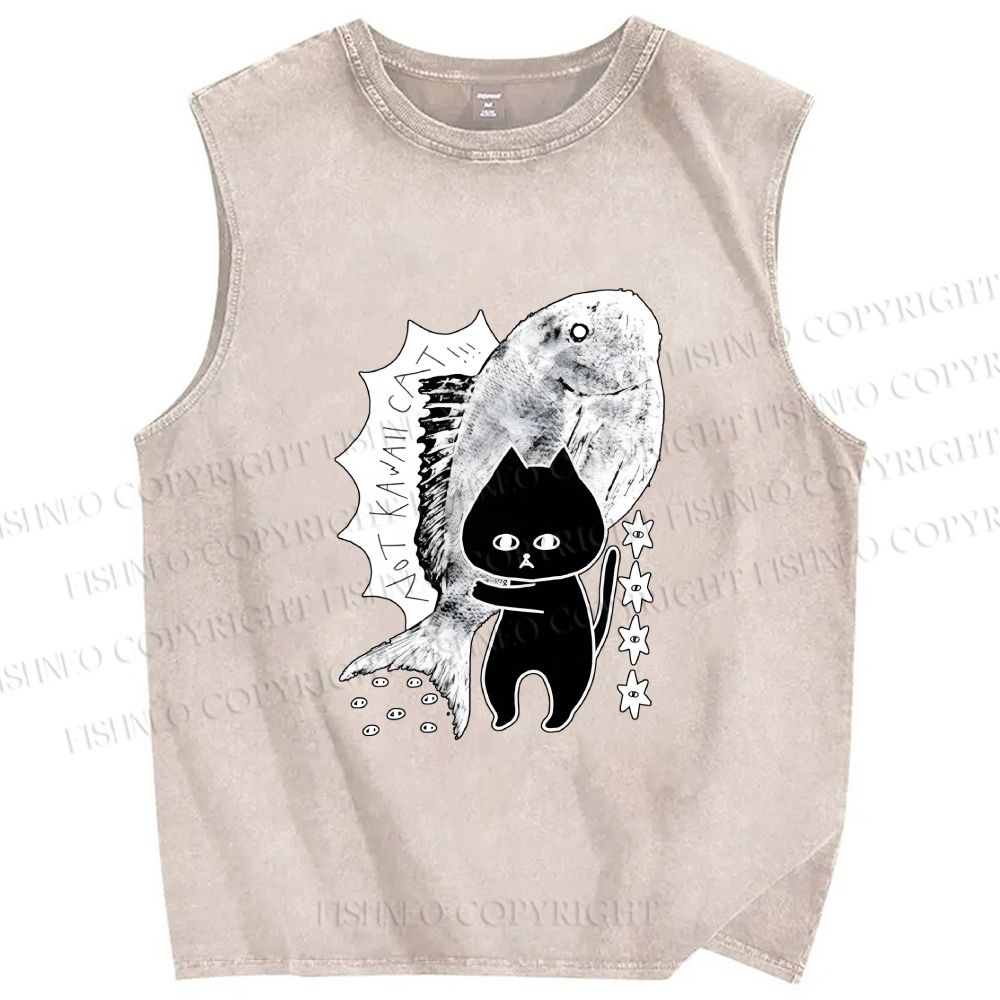 Unisex Cat Carrying Fish Printed Washed Tank Top