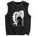 Unisex Cat Carrying Fish Printed Washed Tank Top