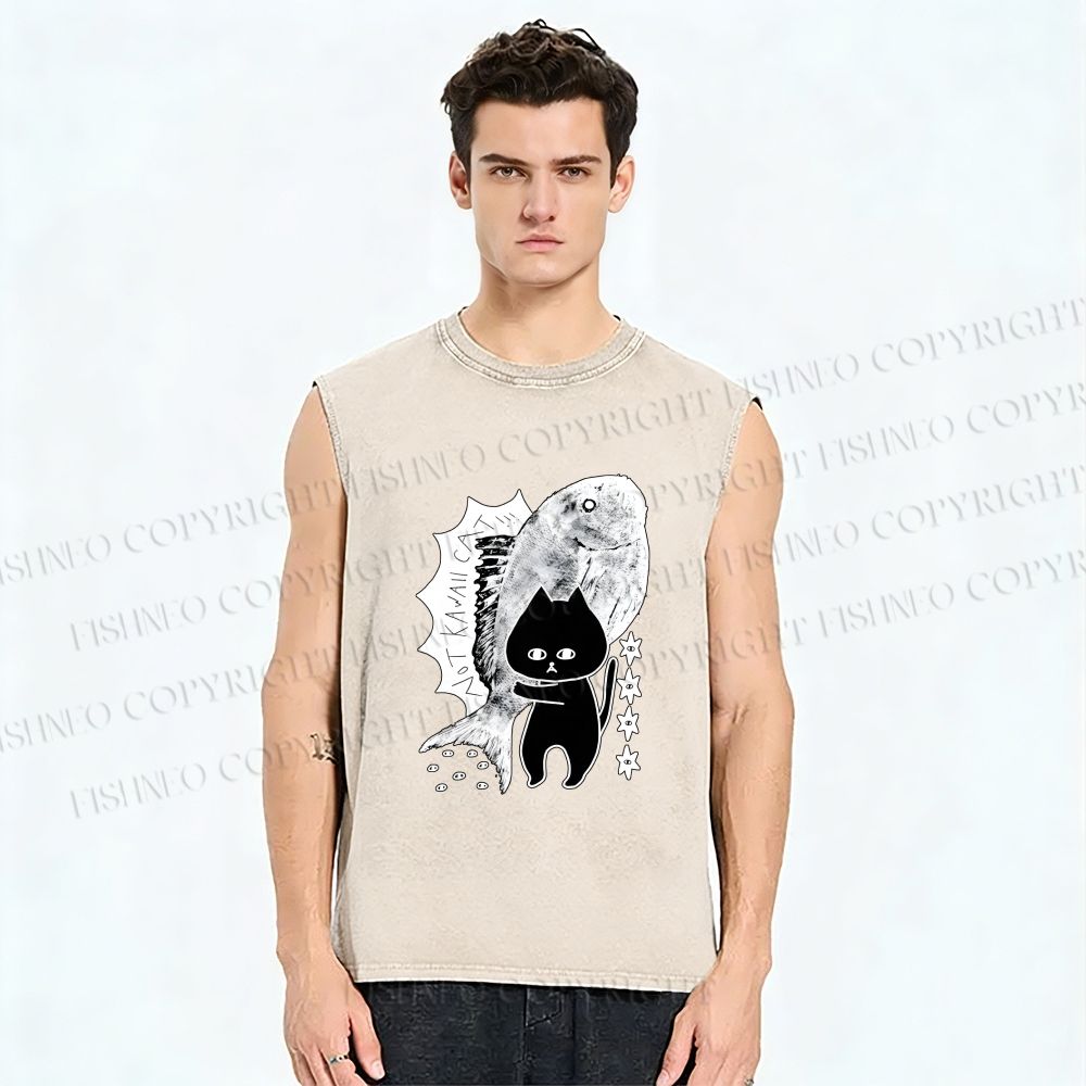 Unisex Cat Carrying Fish Printed Washed Tank Top