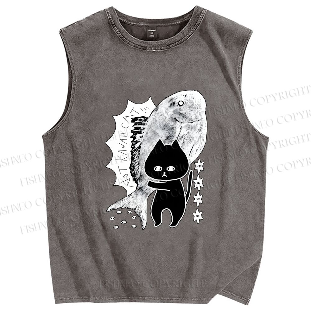 Unisex Cat Carrying Fish Printed Washed Tank Top