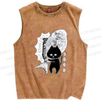 Unisex Cat Carrying Fish Printed Washed Tank Top