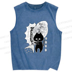 Unisex Cat Carrying Fish Printed Washed Tank Top