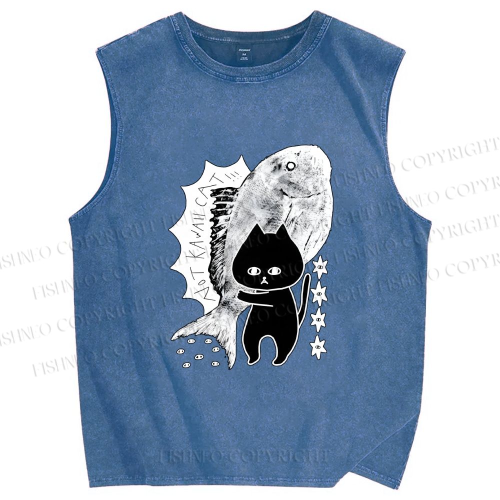 Unisex Cat Carrying Fish Printed Washed Tank Top