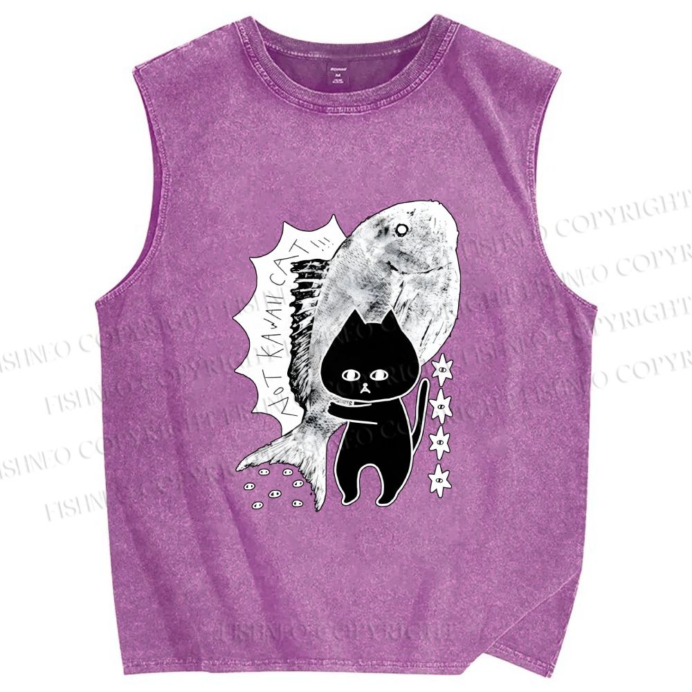 Unisex Cat Carrying Fish Printed Washed Tank Top