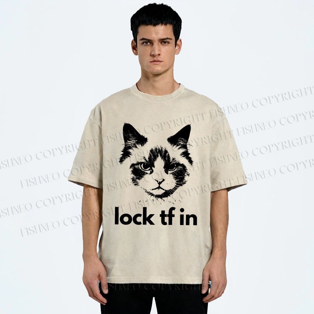 Unisex Lock In Cat Printed Washed Tee