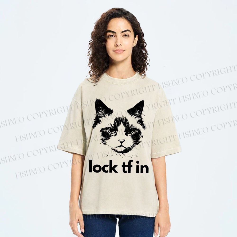 Unisex Lock In Cat Printed Washed Tee