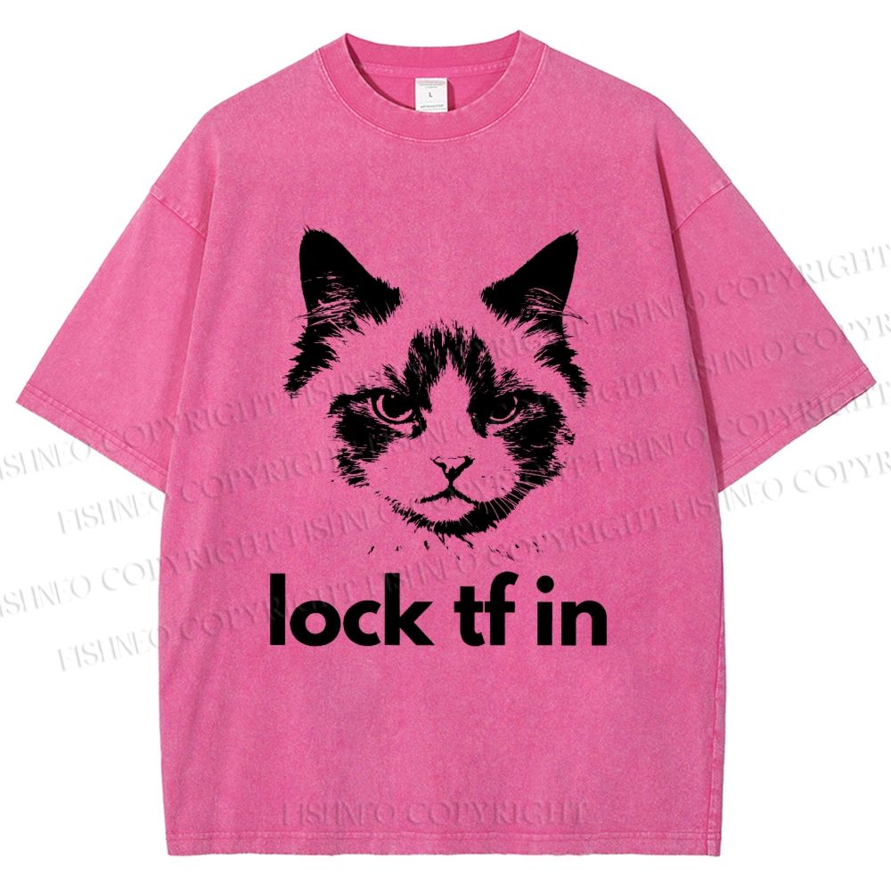 Unisex Lock In Cat Printed Washed Tee