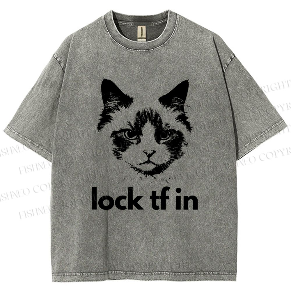 Unisex Lock In Cat Printed Washed Tee
