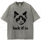 Unisex Lock In Cat Printed Washed Tee