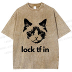 Unisex Lock In Cat Printed Washed Tee