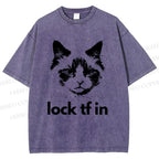 Unisex Lock In Cat Printed Washed Tee