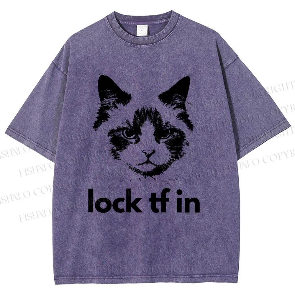 Unisex Lock In Cat Printed Washed Tee