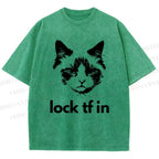 Unisex Lock In Cat Printed Washed Tee