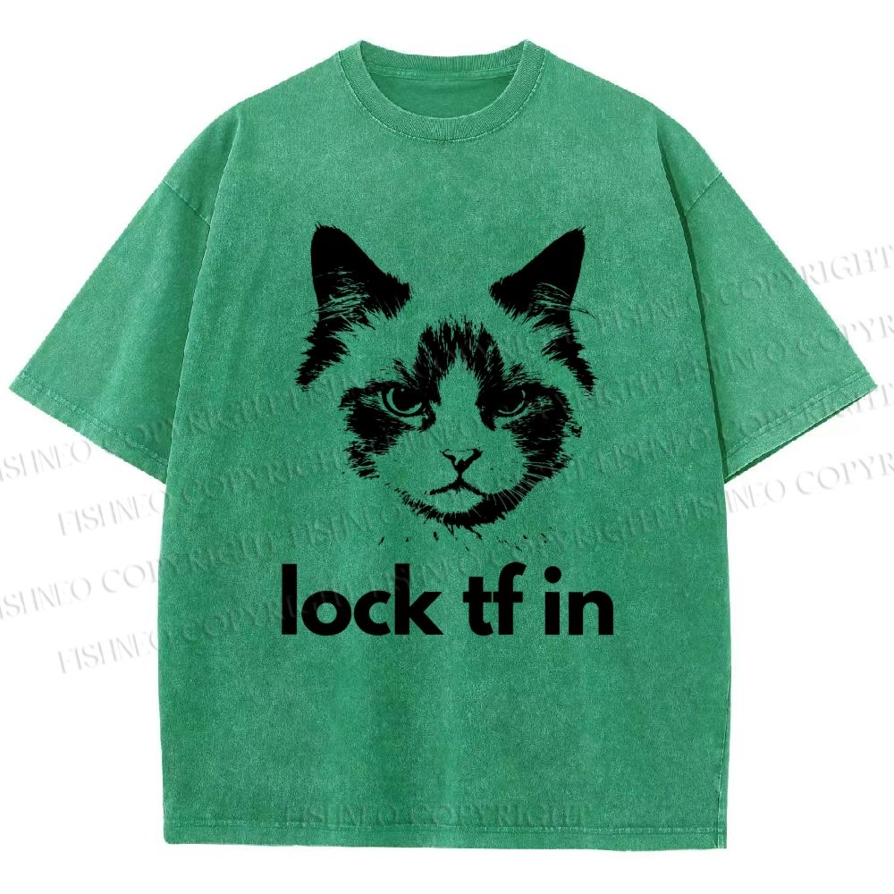 Unisex Lock In Cat Printed Washed Tee