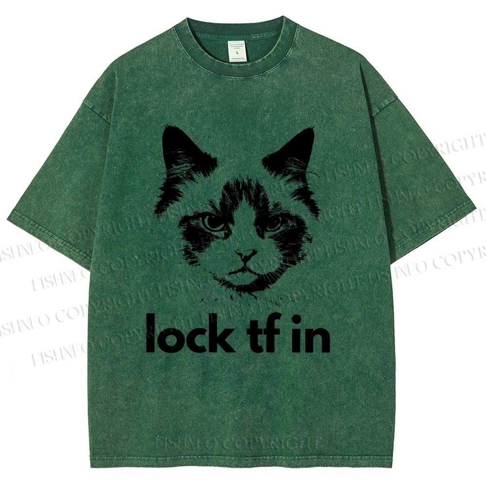 Unisex Lock In Cat Printed Washed Tee