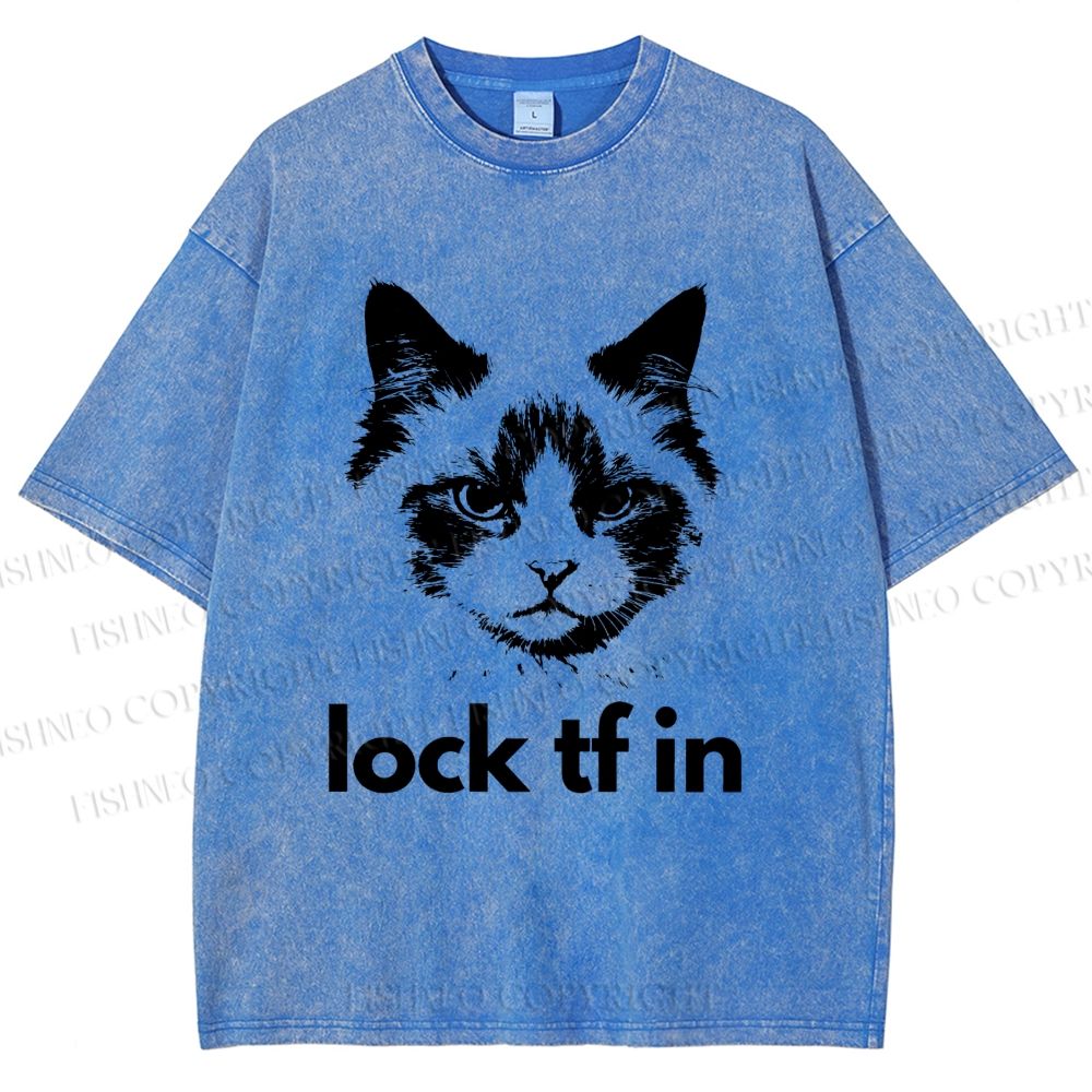 Unisex Lock In Cat Printed Washed Tee