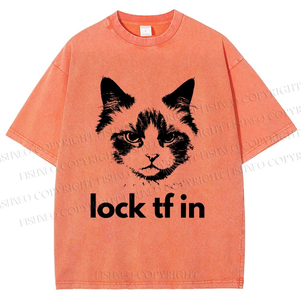 Unisex Lock In Cat Printed Washed Tee