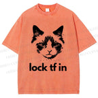Unisex Lock In Cat Printed Washed Tee