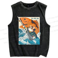 Unisex Samurai Cat And Koi Fish Printed Washed Tank Top
