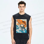 Unisex Samurai Cat And Koi Fish Printed Washed Tank Top