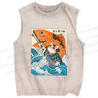 Unisex Samurai Cat And Koi Fish Printed Washed Tank Top
