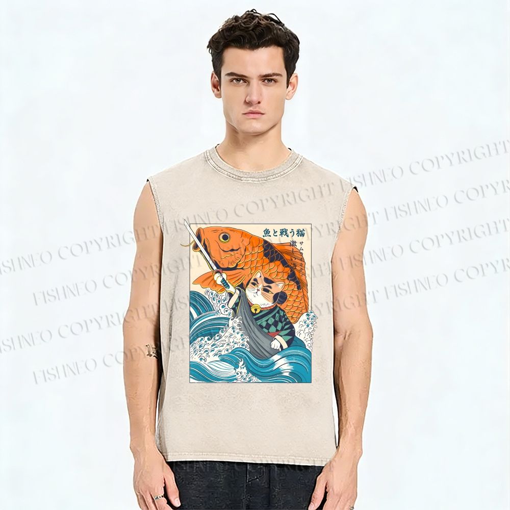 Unisex Samurai Cat And Koi Fish Printed Washed Tank Top