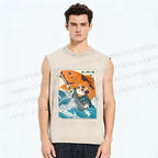 Unisex Samurai Cat And Koi Fish Printed Washed Tank Top
