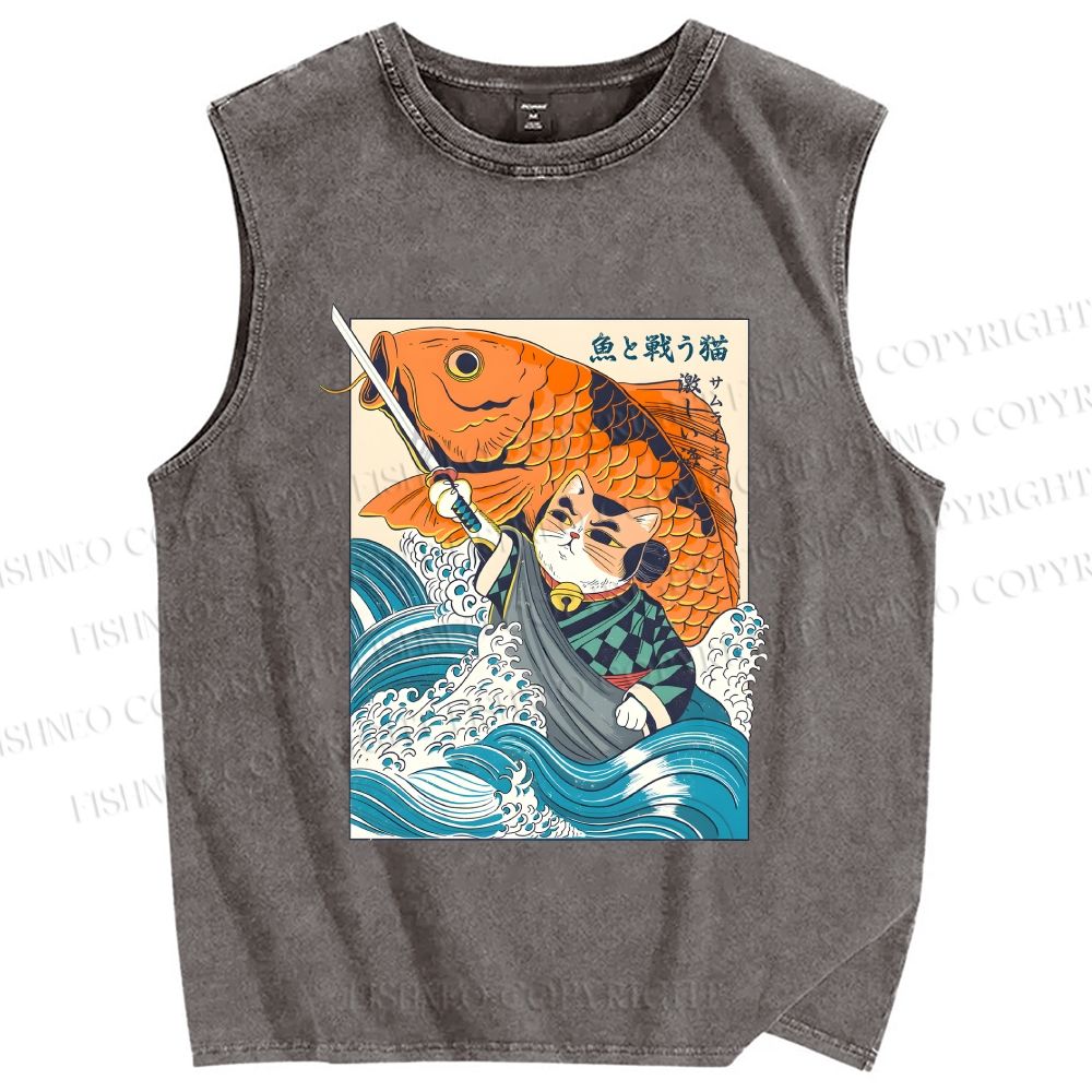 Unisex Samurai Cat And Koi Fish Printed Washed Tank Top