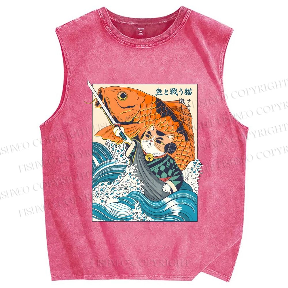 Unisex Samurai Cat And Koi Fish Printed Washed Tank Top