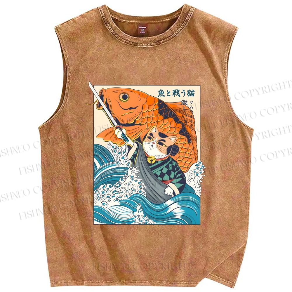Unisex Samurai Cat And Koi Fish Printed Washed Tank Top