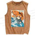 Unisex Samurai Cat And Koi Fish Printed Washed Tank Top