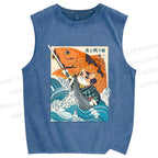 Unisex Samurai Cat And Koi Fish Printed Washed Tank Top