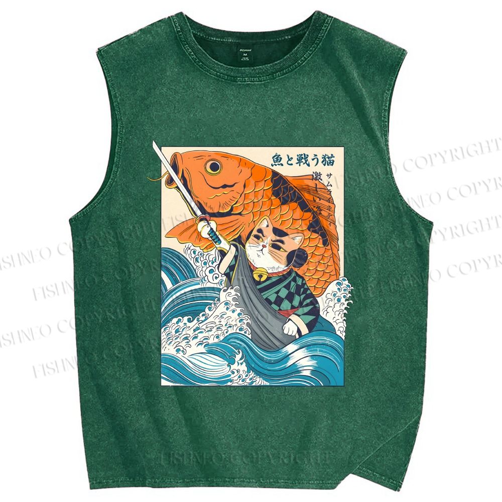 Unisex Samurai Cat And Koi Fish Printed Washed Tank Top