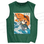 Unisex Samurai Cat And Koi Fish Printed Washed Tank Top