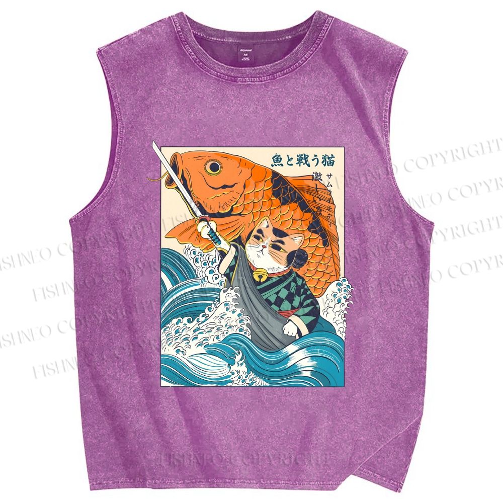 Unisex Samurai Cat And Koi Fish Printed Washed Tank Top