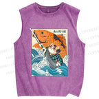 Unisex Samurai Cat And Koi Fish Printed Washed Tank Top
