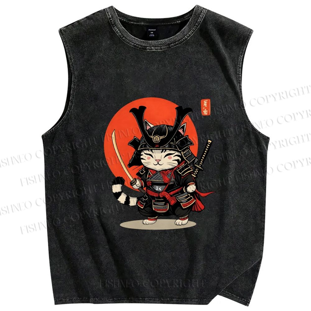 Unisex Samurai Cat Printed Washed Tank Top