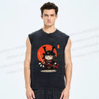 Unisex Samurai Cat Printed Washed Tank Top