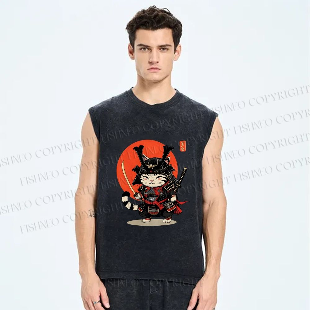 Unisex Samurai Cat Printed Washed Tank Top