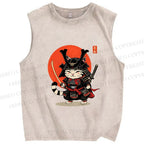Unisex Samurai Cat Printed Washed Tank Top