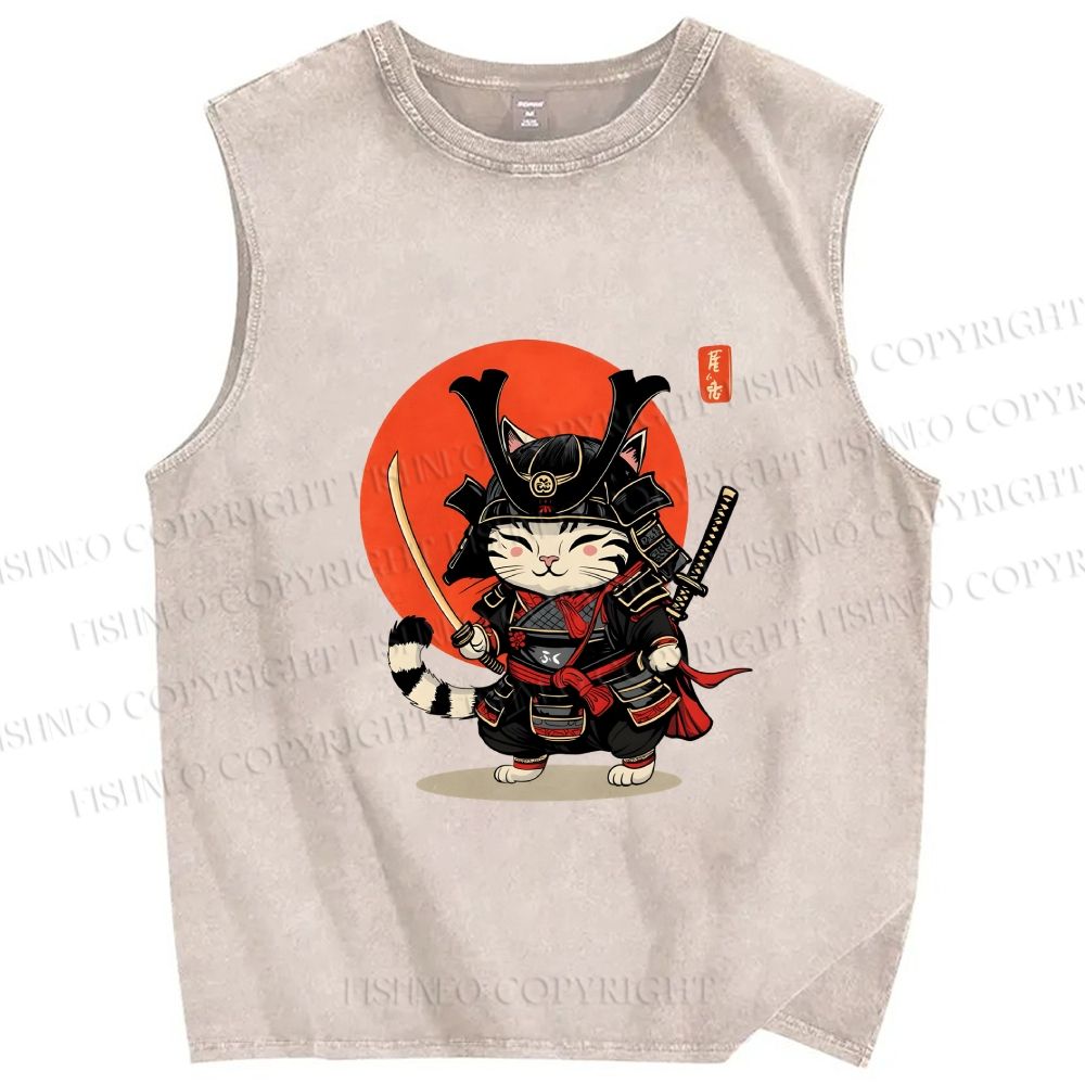 Unisex Samurai Cat Printed Washed Tank Top