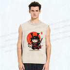 Unisex Samurai Cat Printed Washed Tank Top