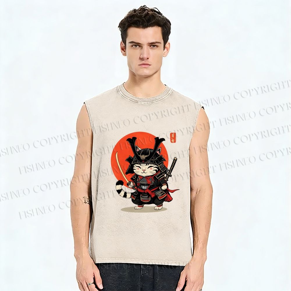 Unisex Samurai Cat Printed Washed Tank Top
