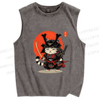 Unisex Samurai Cat Printed Washed Tank Top