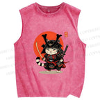 Unisex Samurai Cat Printed Washed Tank Top