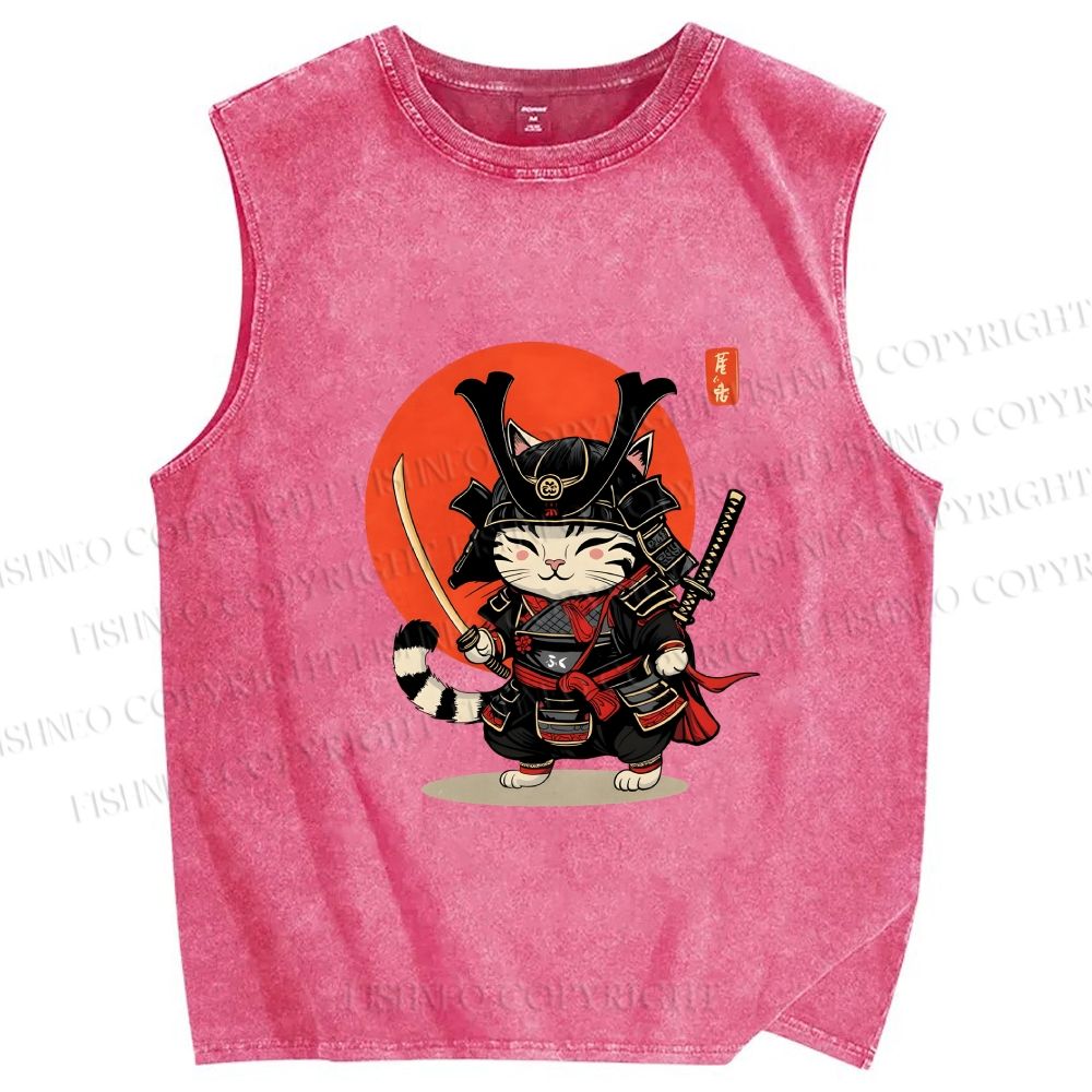 Unisex Samurai Cat Printed Washed Tank Top
