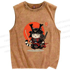 Unisex Samurai Cat Printed Washed Tank Top