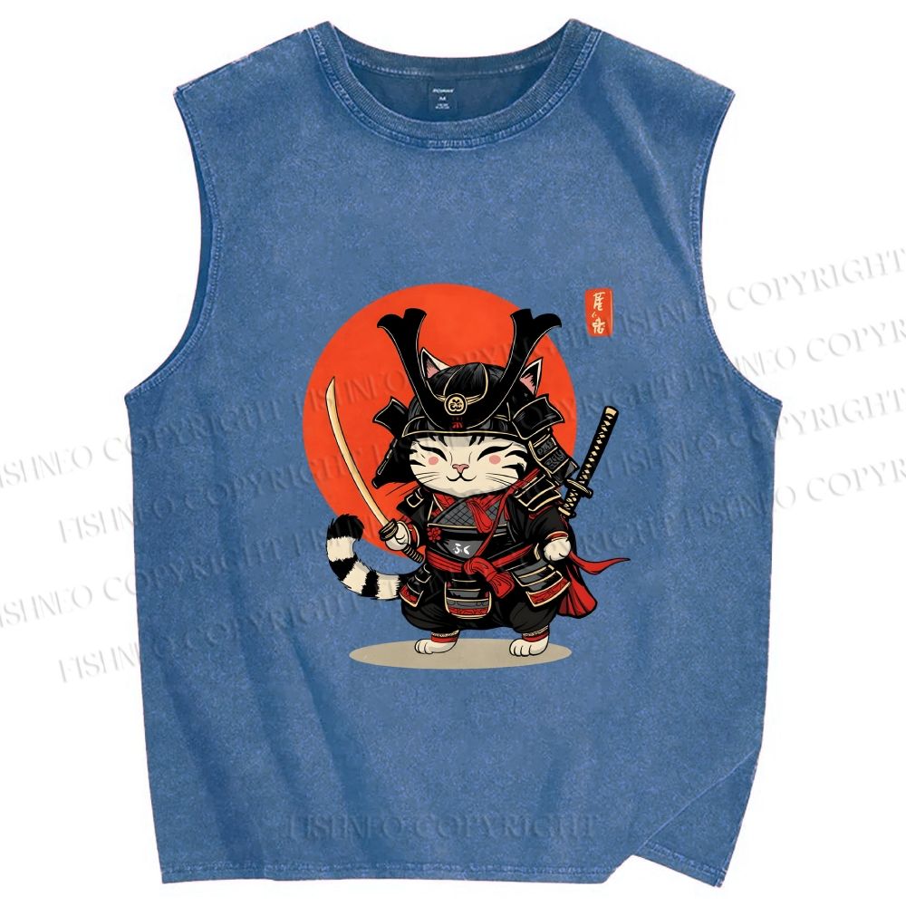 Unisex Samurai Cat Printed Washed Tank Top